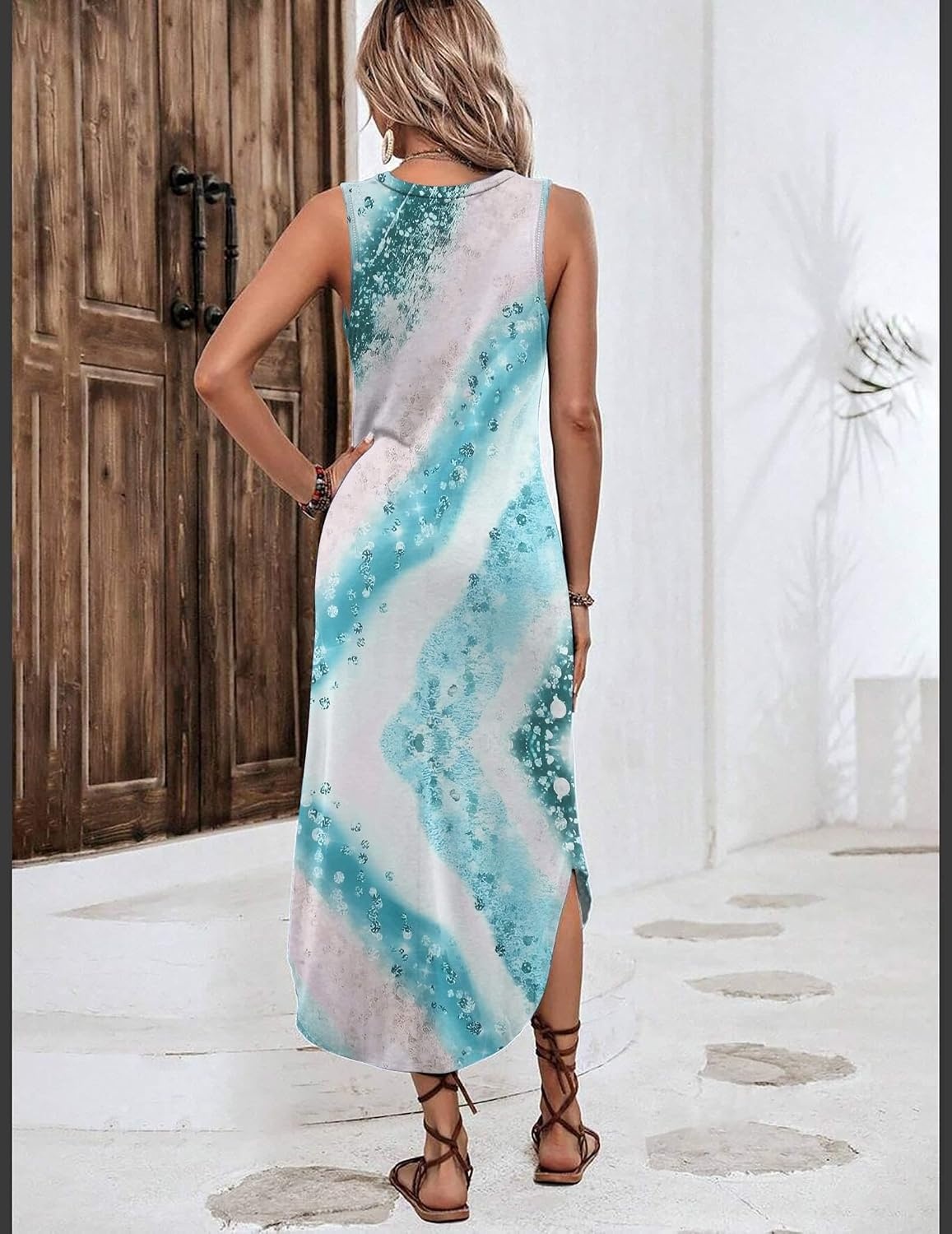 image:imageZeagoo Women Floral Summer Casual Beach Printed Tank Dress with Pockets Pleated Front Long DressMix Blue White