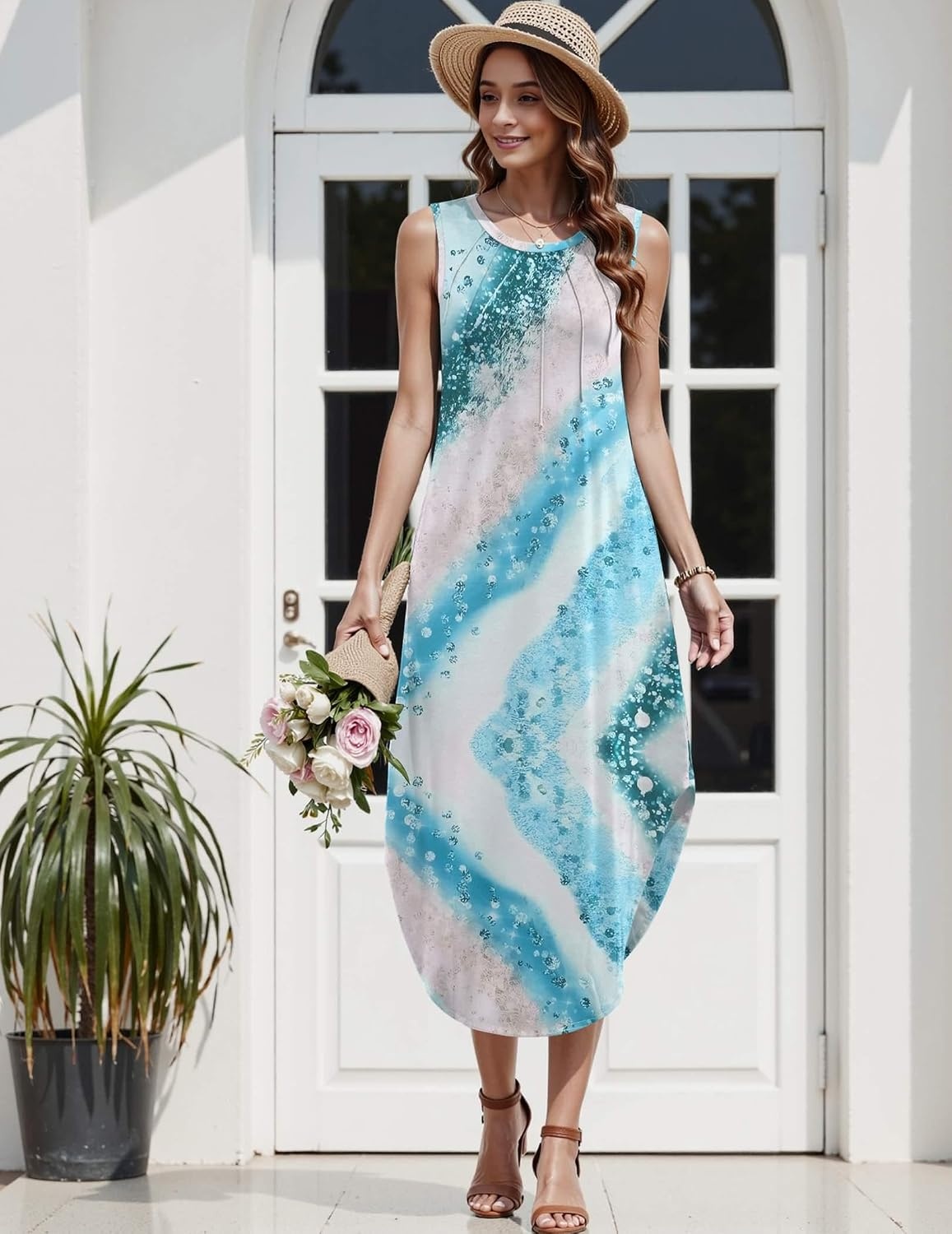 image:imageZeagoo Women Floral Summer Casual Beach Printed Tank Dress with Pockets Pleated Front Long DressMix Blue White