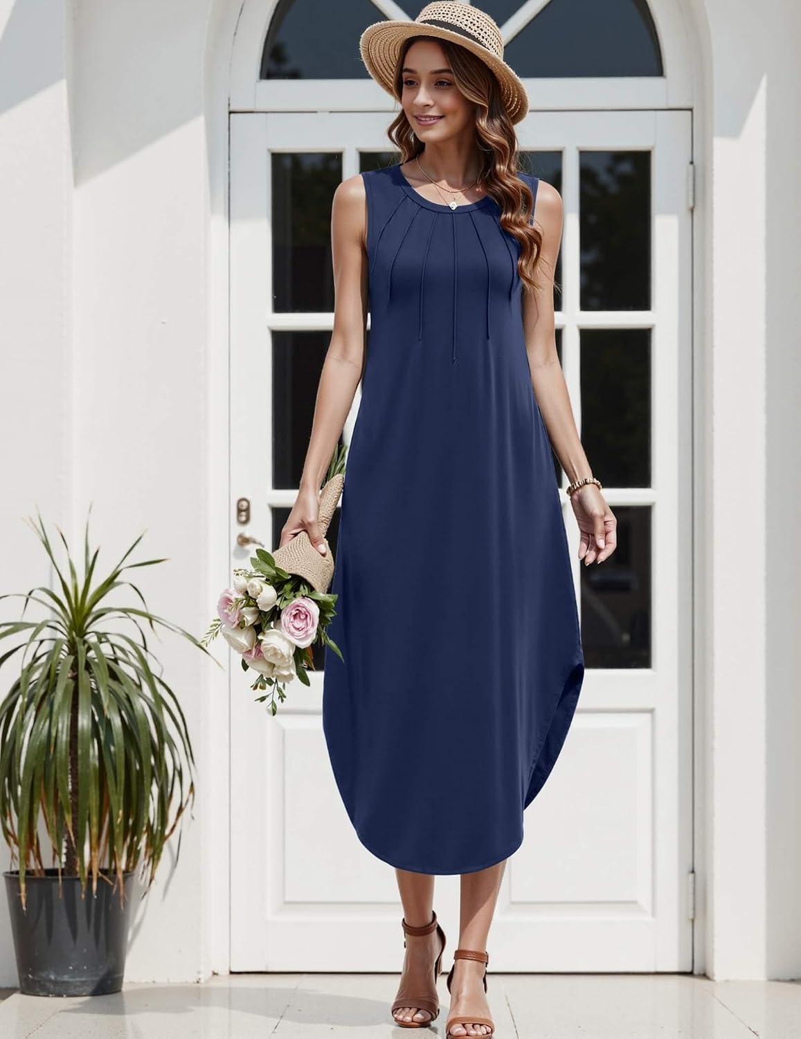 image:imageZeagoo Women Floral Summer Casual Beach Printed Tank Dress with Pockets Pleated Front Long DressNavy Blue