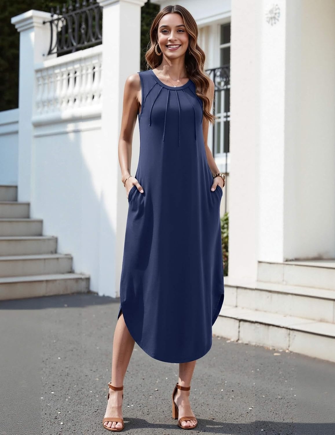 image:imageZeagoo Women Floral Summer Casual Beach Printed Tank Dress with Pockets Pleated Front Long DressNavy Blue