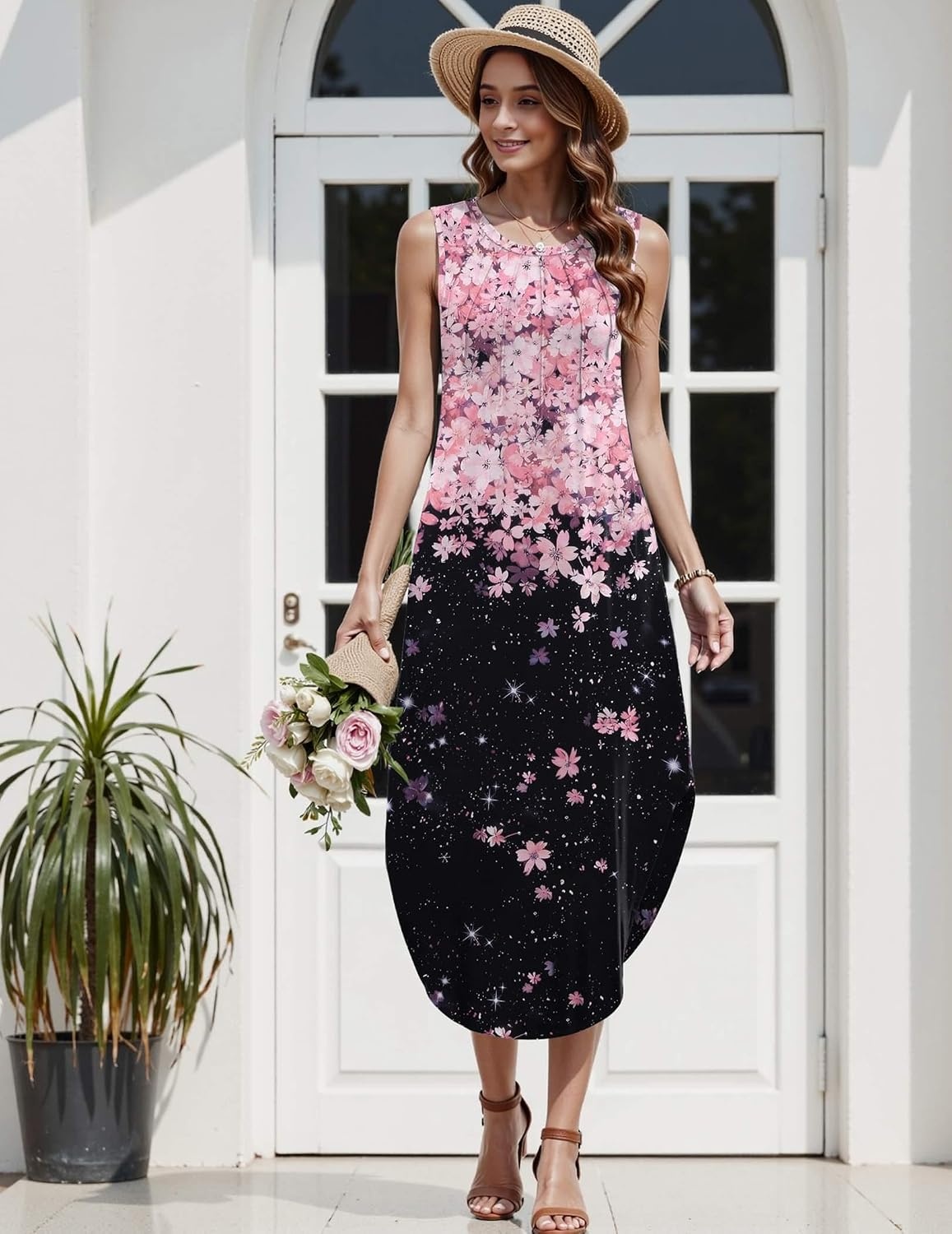 image:imageZeagoo Women Floral Summer Casual Beach Printed Tank Dress with Pockets Pleated Front Long DressPinkblack Print