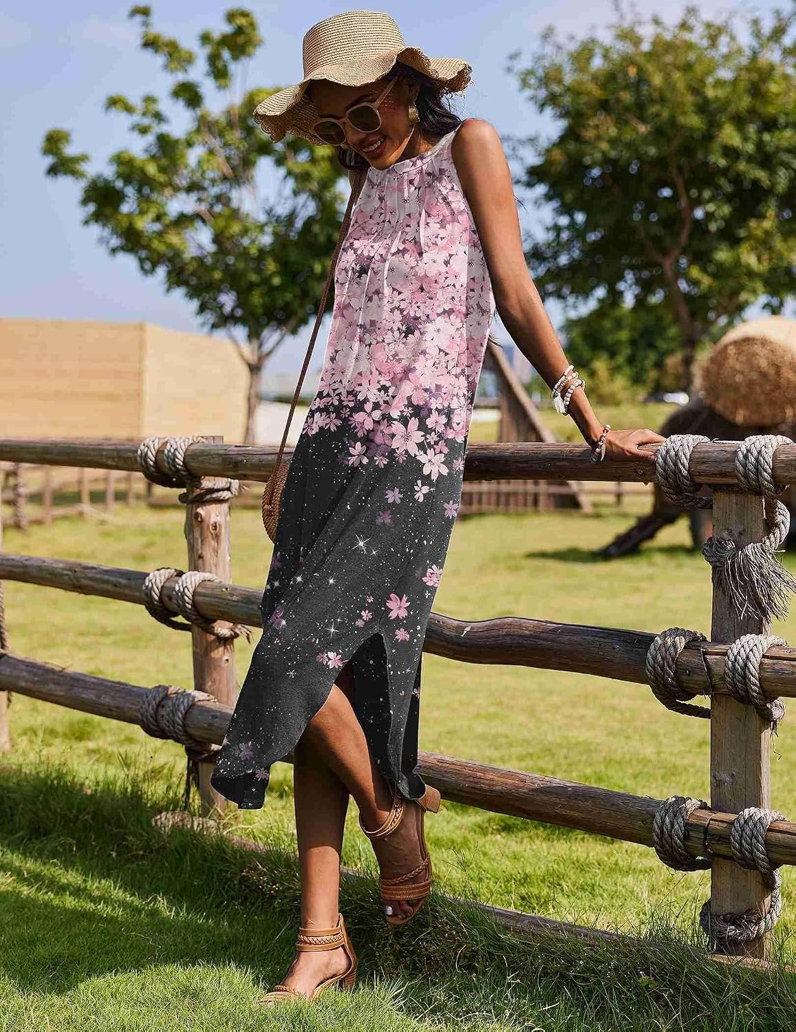 image:imageZeagoo Women Floral Summer Casual Beach Printed Tank Dress with Pockets Pleated Front Long DressPinkblack Print