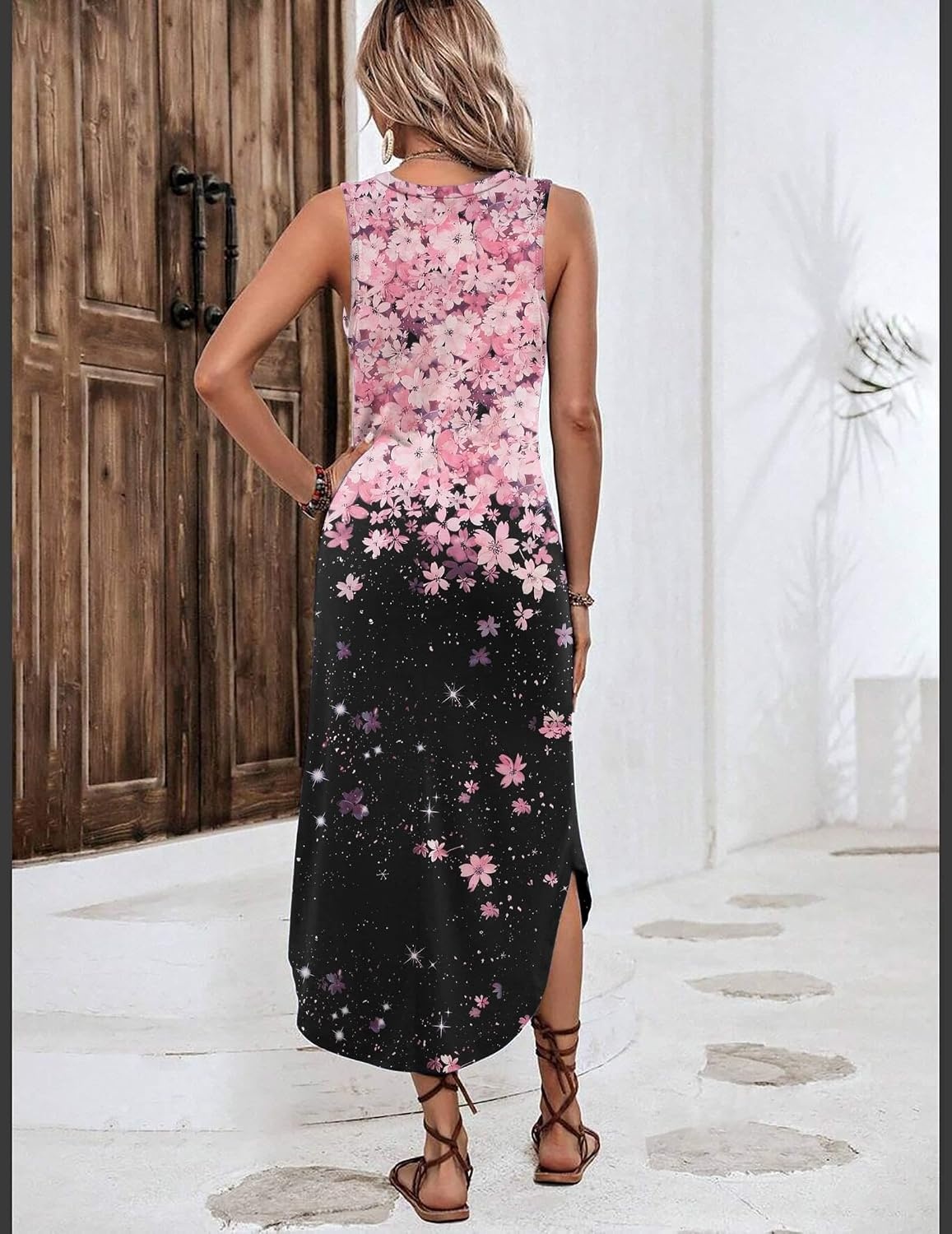 image:imageZeagoo Women Floral Summer Casual Beach Printed Tank Dress with Pockets Pleated Front Long DressPinkblack Print