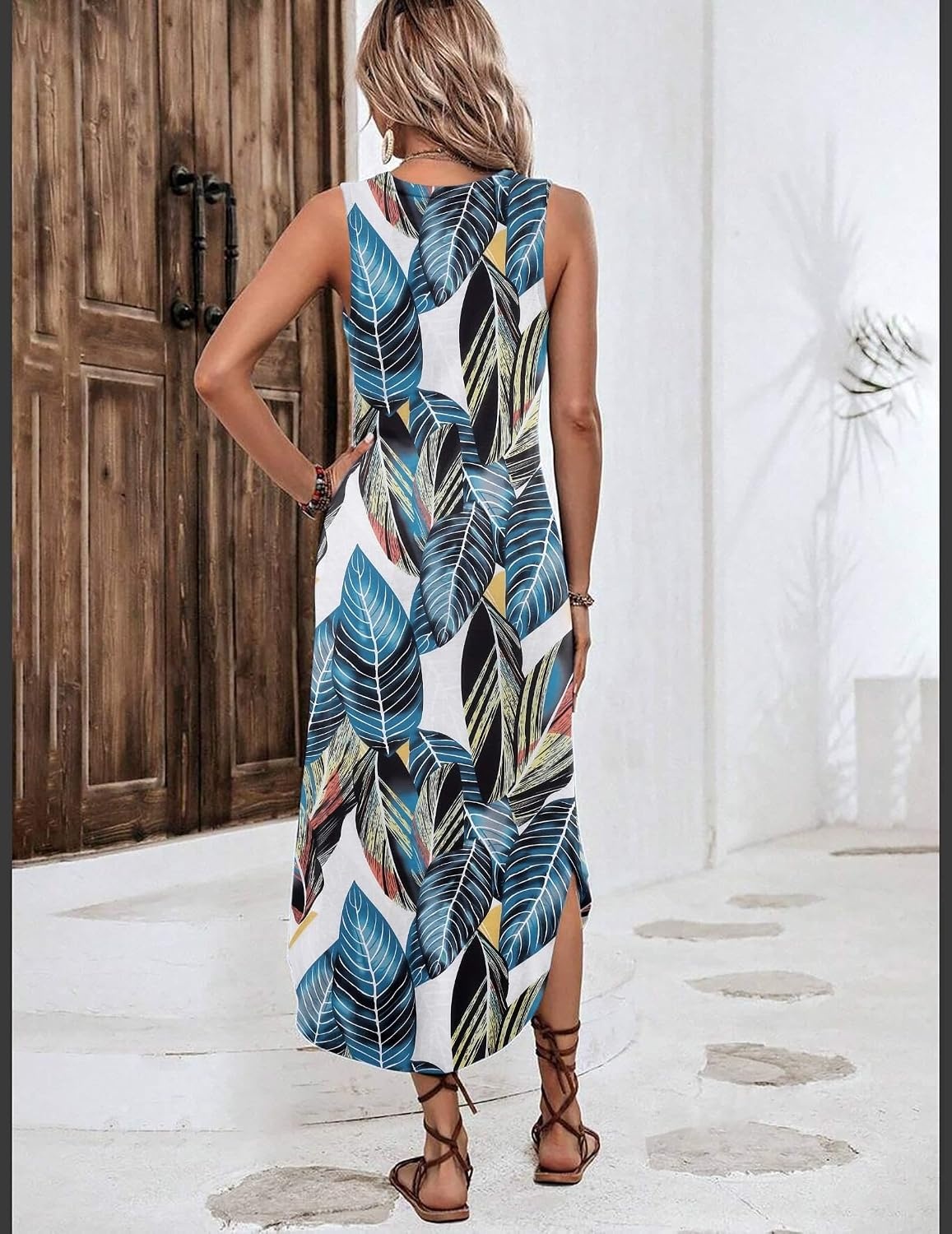 image:imageZeagoo Women Floral Summer Casual Beach Printed Tank Dress with Pockets Pleated Front Long DressTropical Leaf