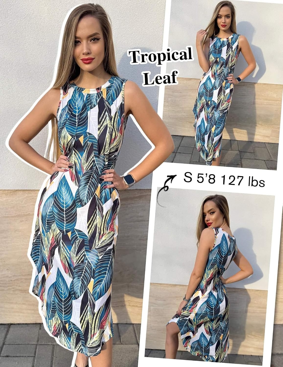 image:imageZeagoo Women Floral Summer Casual Beach Printed Tank Dress with Pockets Pleated Front Long DressTropical Leaf