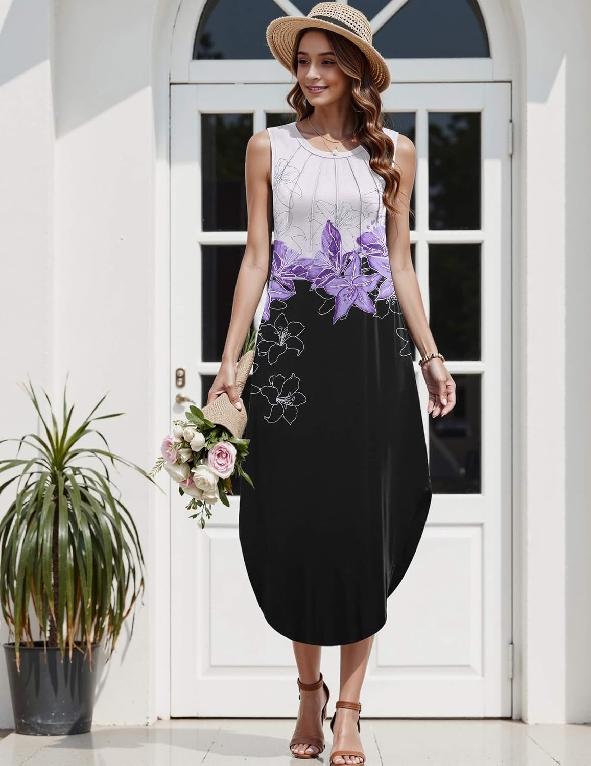 image:imageZeagoo Women Floral Summer Casual Beach Printed Tank Dress with Pockets Pleated Front Long DressWhitepurple Print