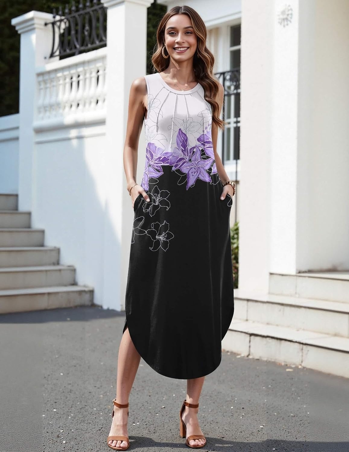 image:imageZeagoo Women Floral Summer Casual Beach Printed Tank Dress with Pockets Pleated Front Long DressWhitepurple Print