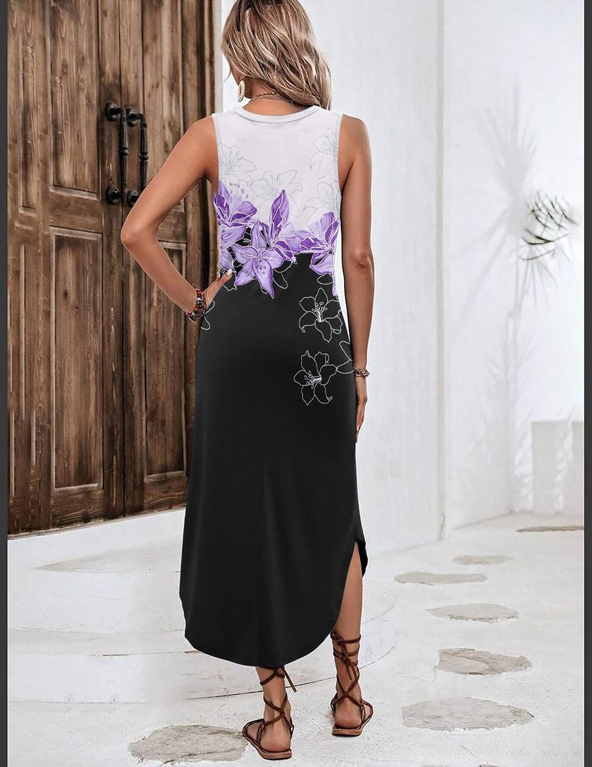 image:imageZeagoo Women Floral Summer Casual Beach Printed Tank Dress with Pockets Pleated Front Long DressWhitepurple Print