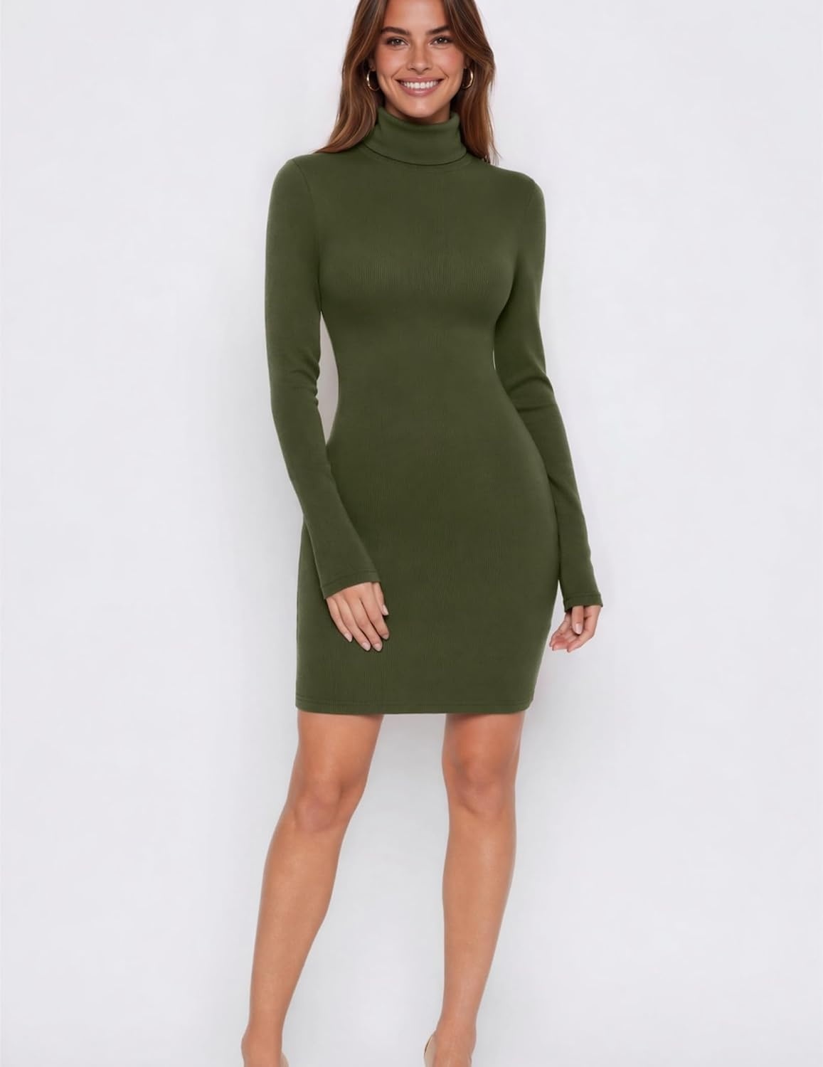 image:imageZeagoo Women Long Sleeve Dress Sweater Dress Turtleneck Ribbed Fall DressesArmy Green