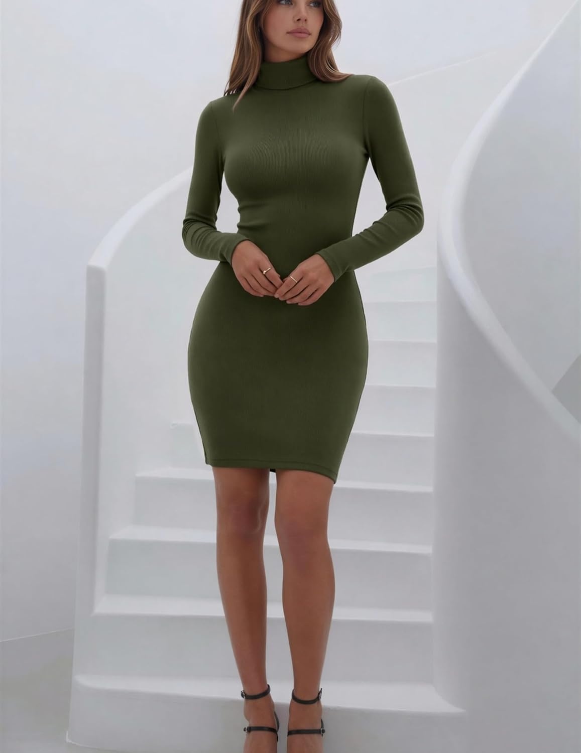 image:imageZeagoo Women Long Sleeve Dress Sweater Dress Turtleneck Ribbed Fall DressesArmy Green