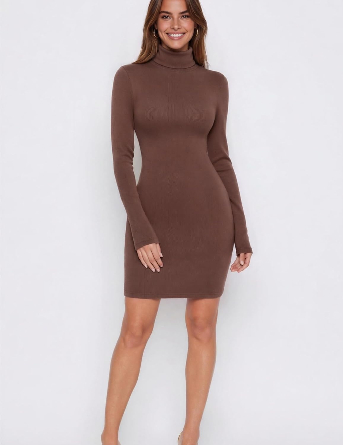 image:imageZeagoo Women Long Sleeve Dress Sweater Dress Turtleneck Ribbed Fall DressesBrown