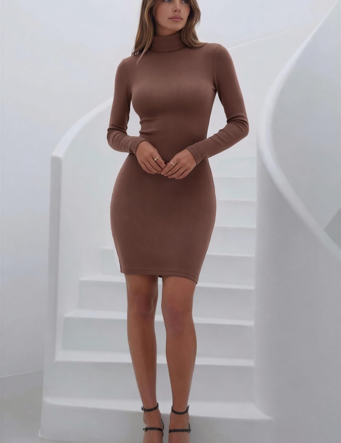 image:imageZeagoo Women Long Sleeve Dress Sweater Dress Turtleneck Ribbed Fall DressesBrown