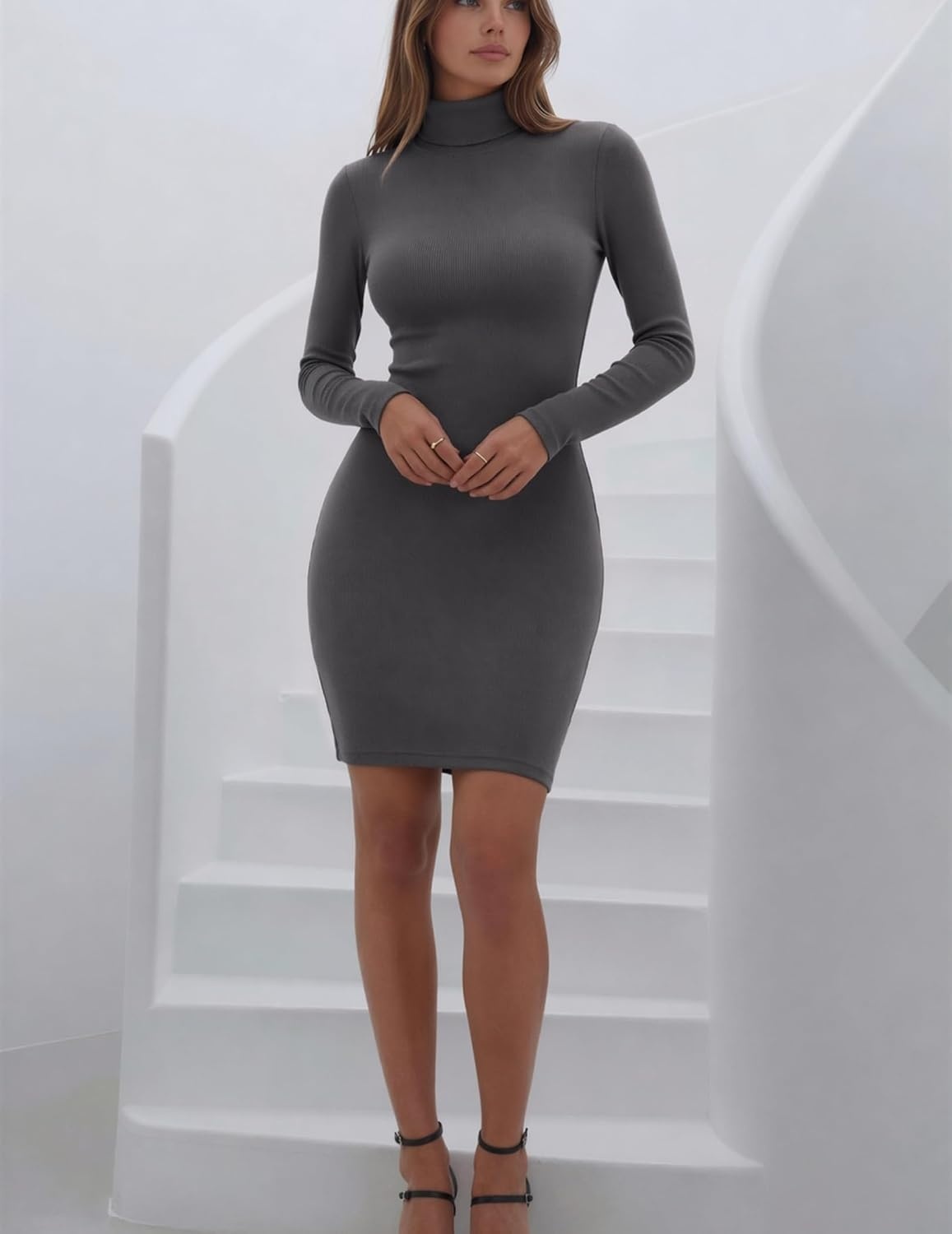 image:imageZeagoo Women Long Sleeve Dress Sweater Dress Turtleneck Ribbed Fall DressesDark Grey