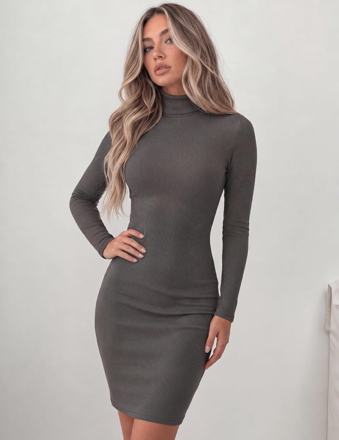 image:imageZeagoo Women Long Sleeve Dress Sweater Dress Turtleneck Ribbed Fall DressesDark Grey