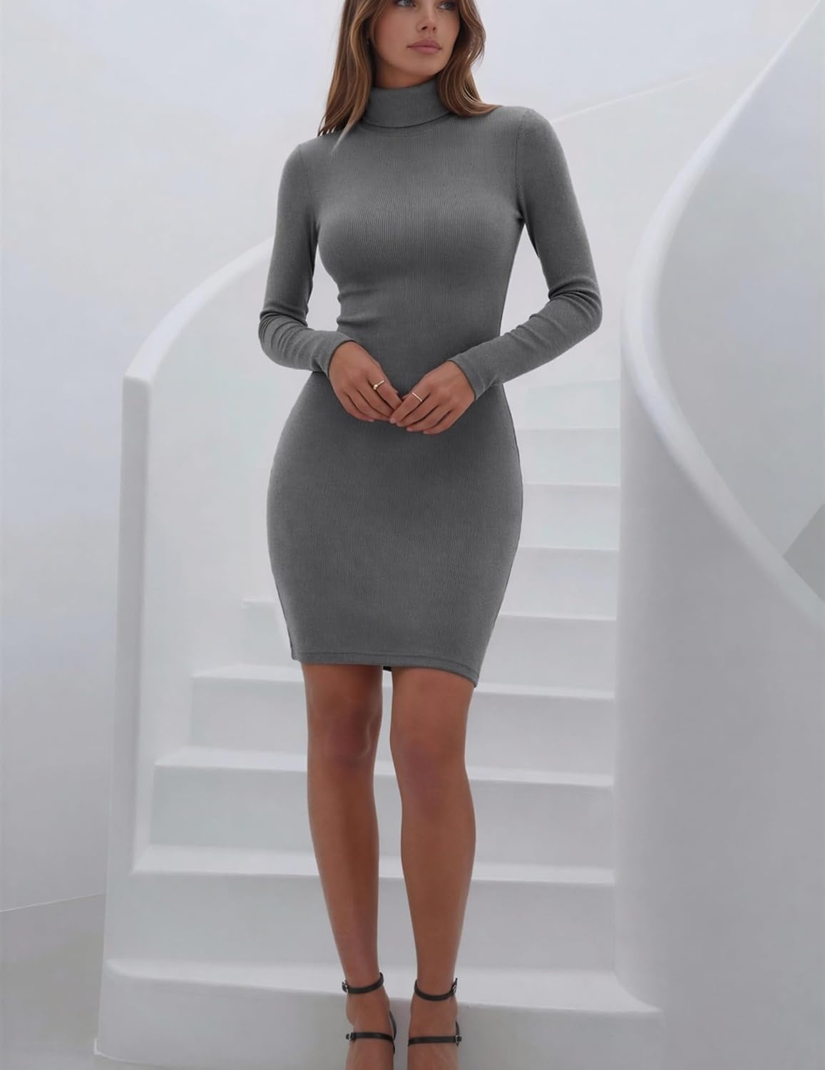 image:imageZeagoo Women Long Sleeve Dress Sweater Dress Turtleneck Ribbed Fall DressesHeather Gray