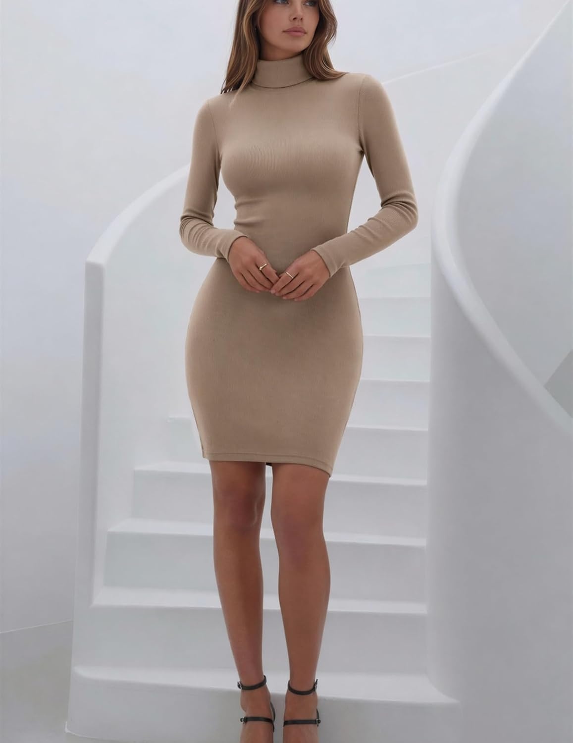 image:imageZeagoo Women Long Sleeve Dress Sweater Dress Turtleneck Ribbed Fall DressesKhaki
