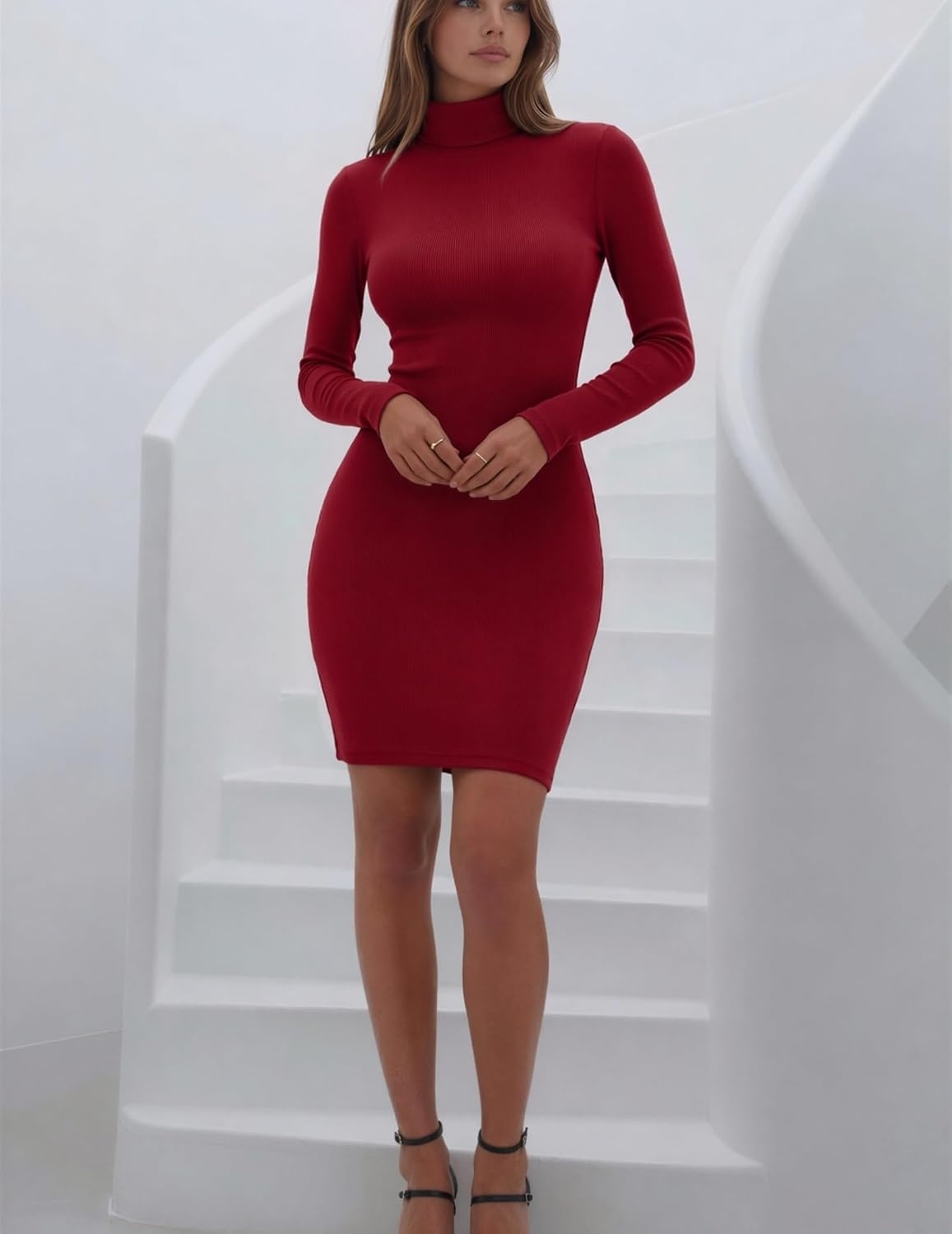 image:imageZeagoo Women Long Sleeve Dress Sweater Dress Turtleneck Ribbed Fall DressesRed