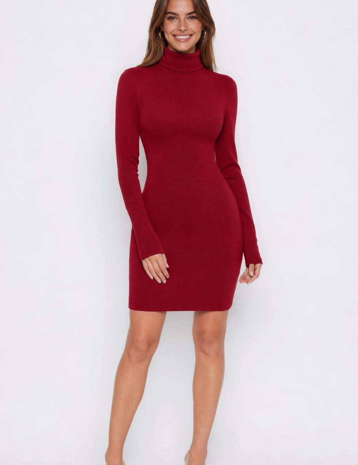 image:imageZeagoo Women Long Sleeve Dress Sweater Dress Turtleneck Ribbed Fall DressesRed