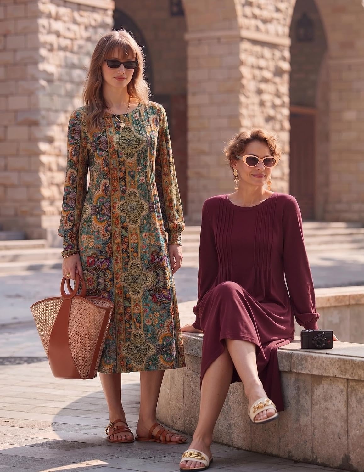 image:imageZeagoo Women Long Sleeve Fall Dress Casual A Line Dresses 2026 Midi Flare DressBurgundy