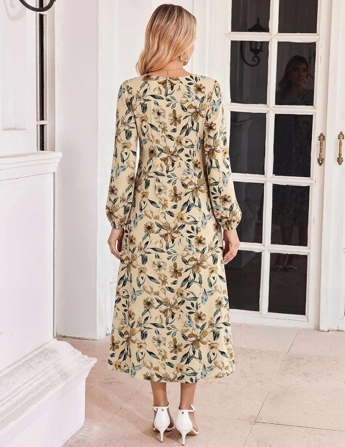 image:imageZeagoo Women Long Sleeve Fall Dress Casual A Line Dresses 2026 Midi Flare DressKhaki Floral