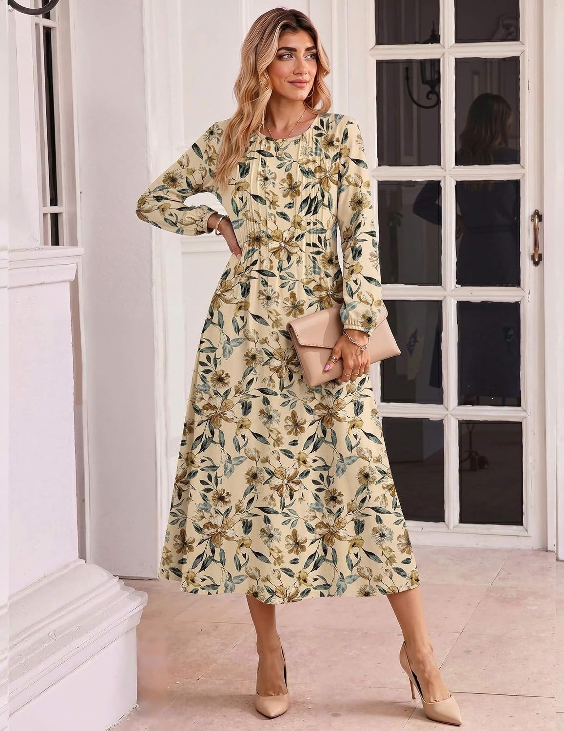 image:imageZeagoo Women Long Sleeve Fall Dress Casual A Line Dresses 2026 Midi Flare DressKhaki Floral