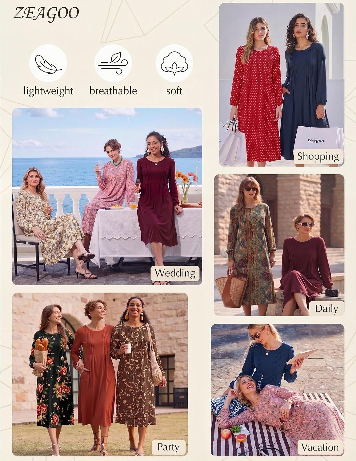 image:imageZeagoo Women Long Sleeve Fall Dress Casual A Line Dresses 2026 Midi Flare DressKhaki Floral