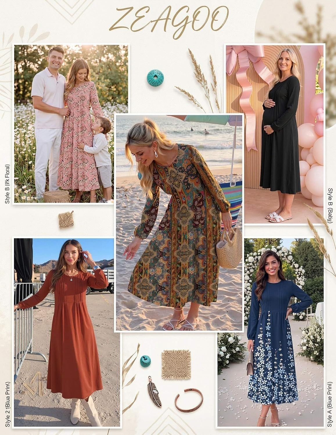 image:imageZeagoo Women Long Sleeve Fall Dress Casual A Line Dresses 2026 Midi Flare DressKhaki Floral