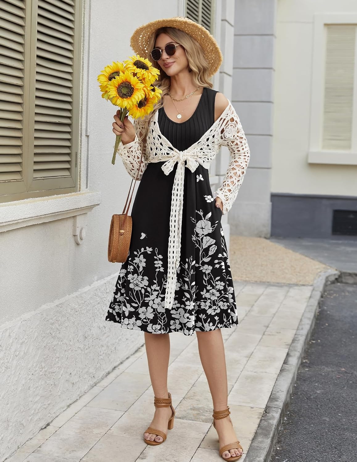 image:imageZeagoo Women Summer Casual Dresses 2026 Sleeveless Midi Pleated Tank Sundress with Pockets V Neck A Line Swing Tshirt DressFloral Black