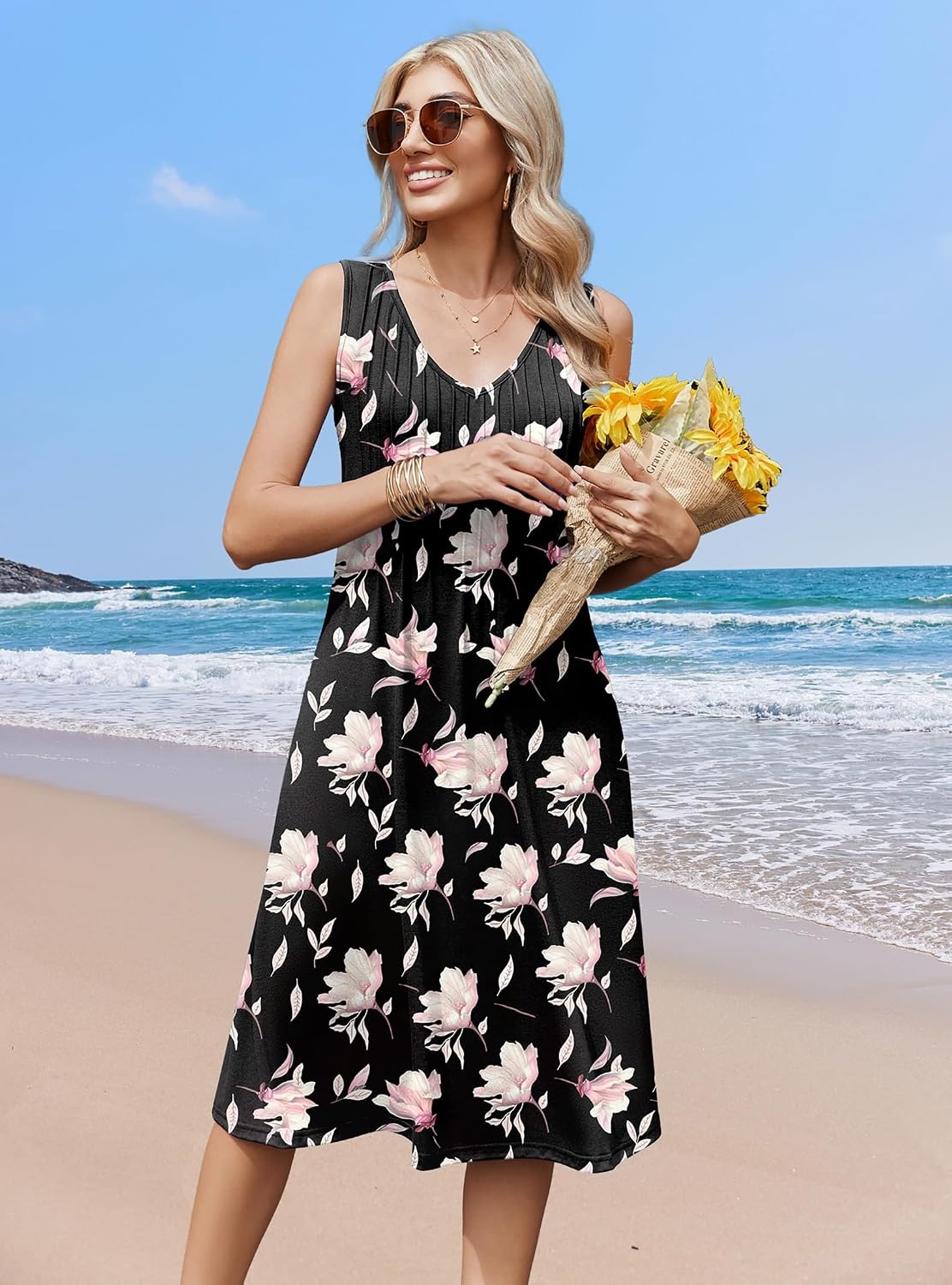 image:imageZeagoo Women Summer Casual Dresses 2026 Sleeveless Midi Pleated Tank Sundress with Pockets V Neck A Line Swing Tshirt DressPink Floral