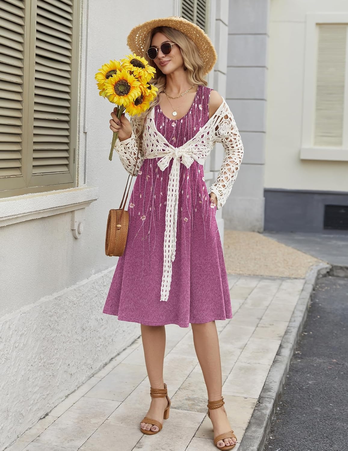 image:imageZeagoo Women Summer Casual Dresses 2026 Sleeveless Midi Pleated Tank Sundress with Pockets V Neck A Line Swing Tshirt DressPurple Flowers