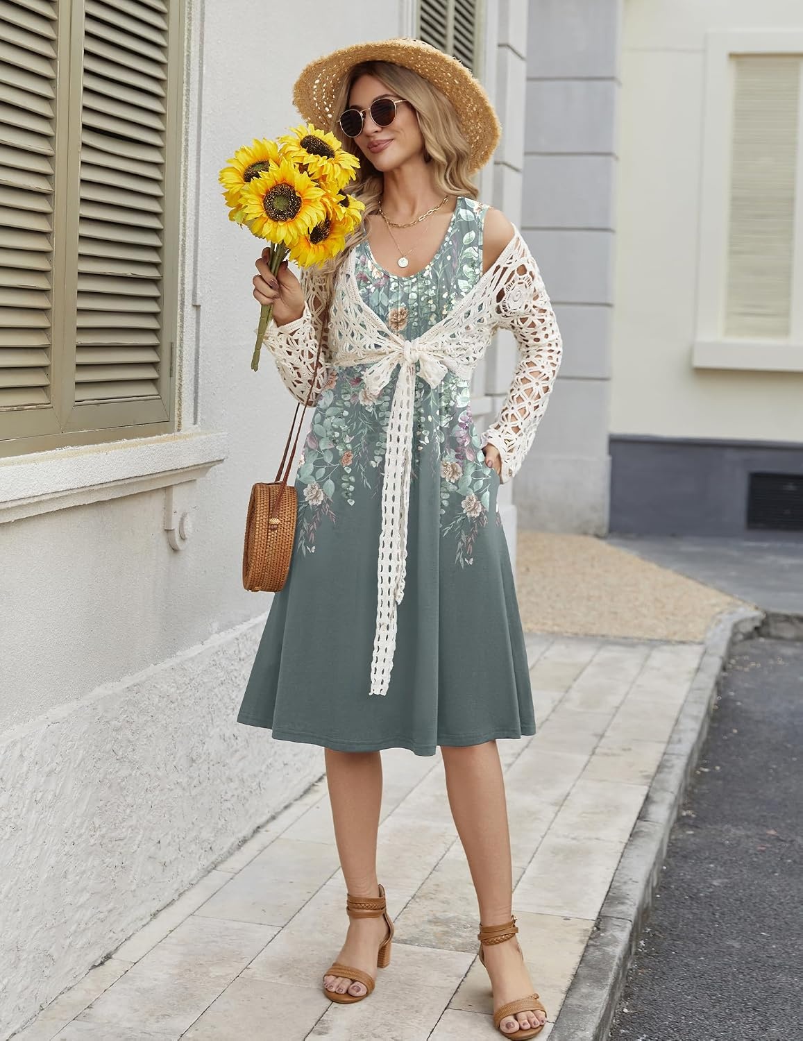 image:imageZeagoo Women Summer Casual Dresses 2026 Sleeveless Midi Pleated Tank Sundress with Pockets V Neck A Line Swing Tshirt DressWatercolor Gray
