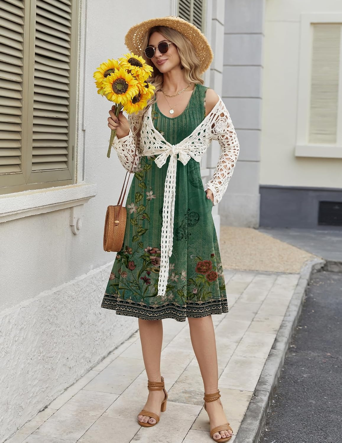 image:imageZeagoo Women Summer Casual Dresses 2026 Sleeveless Midi Pleated Tank Sundress with Pockets V Neck A Line Swing Tshirt DressYellowgreen