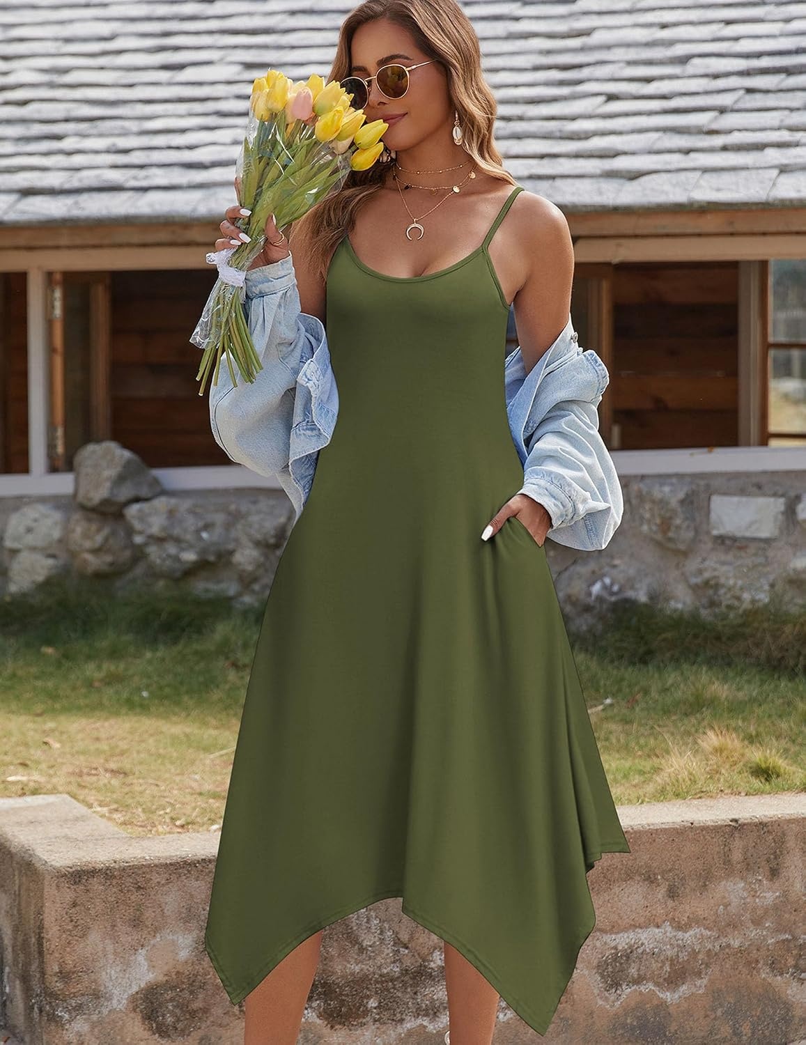 image:imageZeagoo Women Summer Midi Dresses 2026 Hawaiian Bohemian Beach Cover Up Sundress Spaghetti Strap Casual Dress with PocketsArmy Green