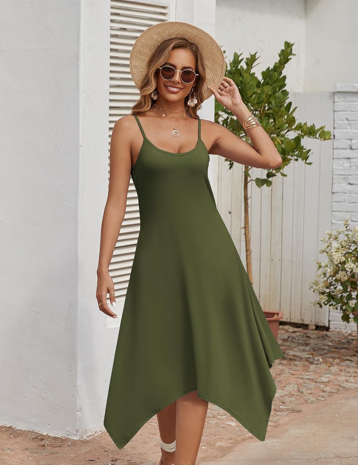 image:imageZeagoo Women Summer Midi Dresses 2026 Hawaiian Bohemian Beach Cover Up Sundress Spaghetti Strap Casual Dress with PocketsArmy Green