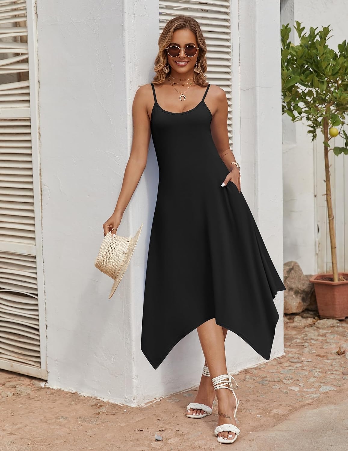 image:imageZeagoo Women Summer Midi Dresses 2026 Hawaiian Bohemian Beach Cover Up Sundress Spaghetti Strap Casual Dress with PocketsBlack