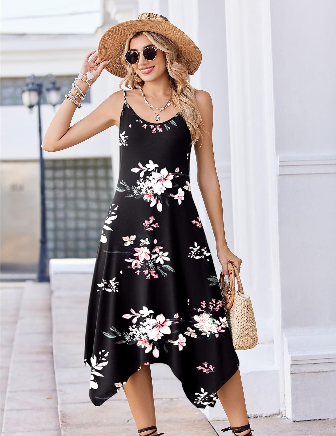 image:imageZeagoo Women Summer Midi Dresses 2026 Hawaiian Bohemian Beach Cover Up Sundress Spaghetti Strap Casual Dress with PocketsFloral Black