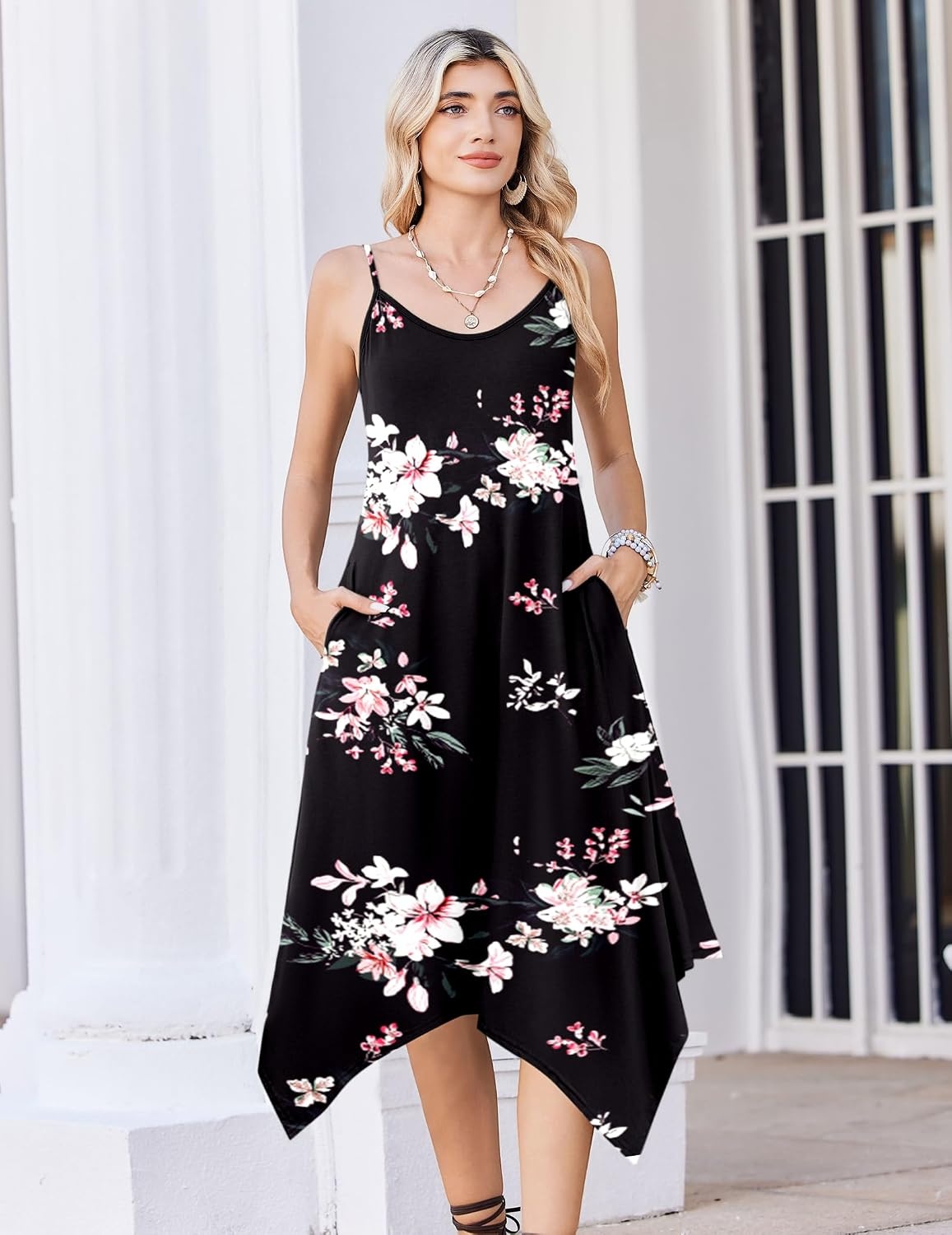 image:imageZeagoo Women Summer Midi Dresses 2026 Hawaiian Bohemian Beach Cover Up Sundress Spaghetti Strap Casual Dress with PocketsFloral Black