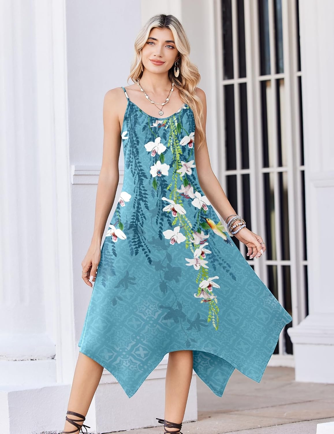 image:imageZeagoo Women Summer Midi Dresses 2026 Hawaiian Bohemian Beach Cover Up Sundress Spaghetti Strap Casual Dress with PocketsFloral Light Blue