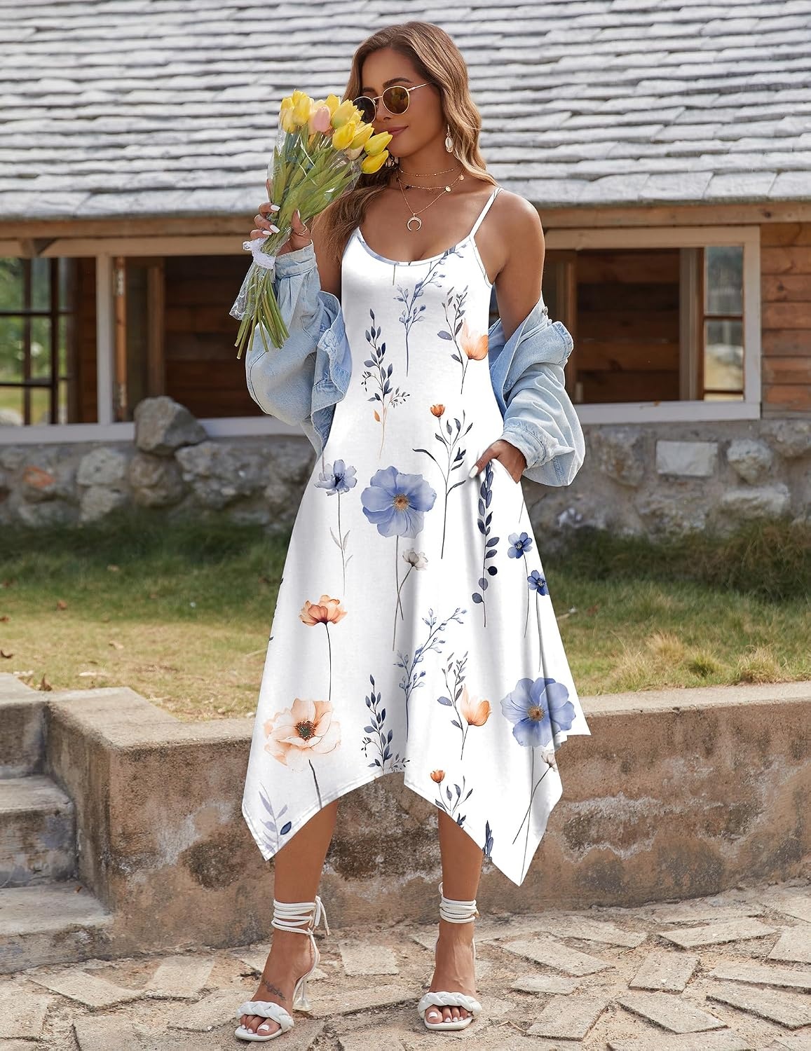 image:imageZeagoo Women Summer Midi Dresses 2026 Hawaiian Bohemian Beach Cover Up Sundress Spaghetti Strap Casual Dress with PocketsFloral Printed
