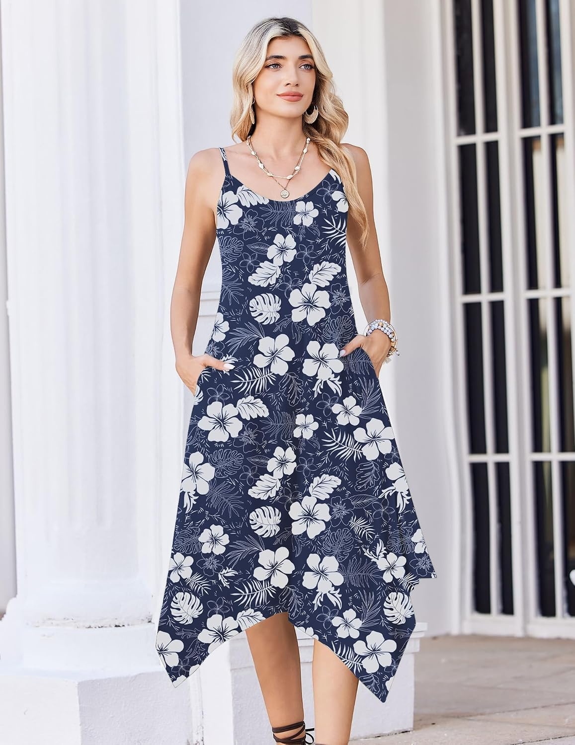 image:imageZeagoo Women Summer Midi Dresses 2026 Hawaiian Bohemian Beach Cover Up Sundress Spaghetti Strap Casual Dress with PocketsHawaiian Navy Blue