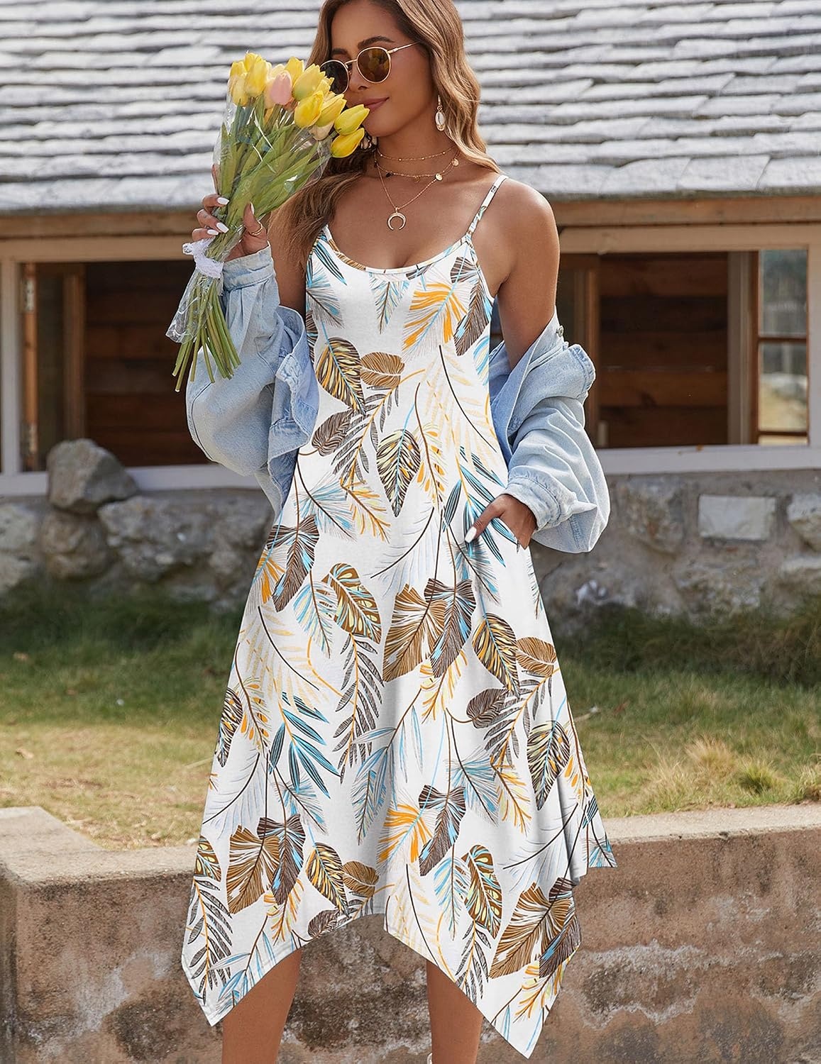 image:imageZeagoo Women Summer Midi Dresses 2026 Hawaiian Bohemian Beach Cover Up Sundress Spaghetti Strap Casual Dress with PocketsLeaf