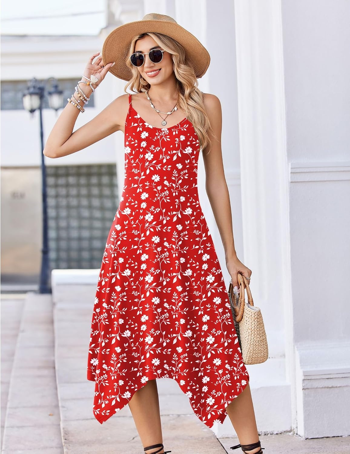 image:imageZeagoo Women Summer Midi Dresses 2026 Hawaiian Bohemian Beach Cover Up Sundress Spaghetti Strap Casual Dress with PocketsRed White Flowers