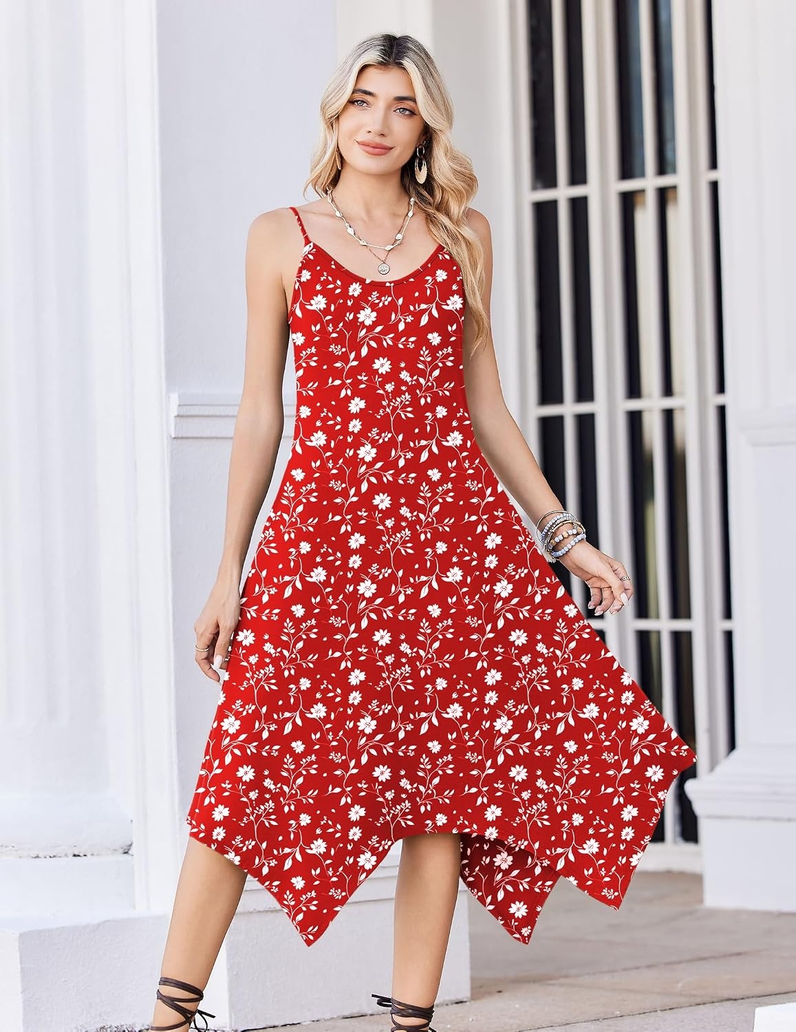 image:imageZeagoo Women Summer Midi Dresses 2026 Hawaiian Bohemian Beach Cover Up Sundress Spaghetti Strap Casual Dress with PocketsRed White Flowers