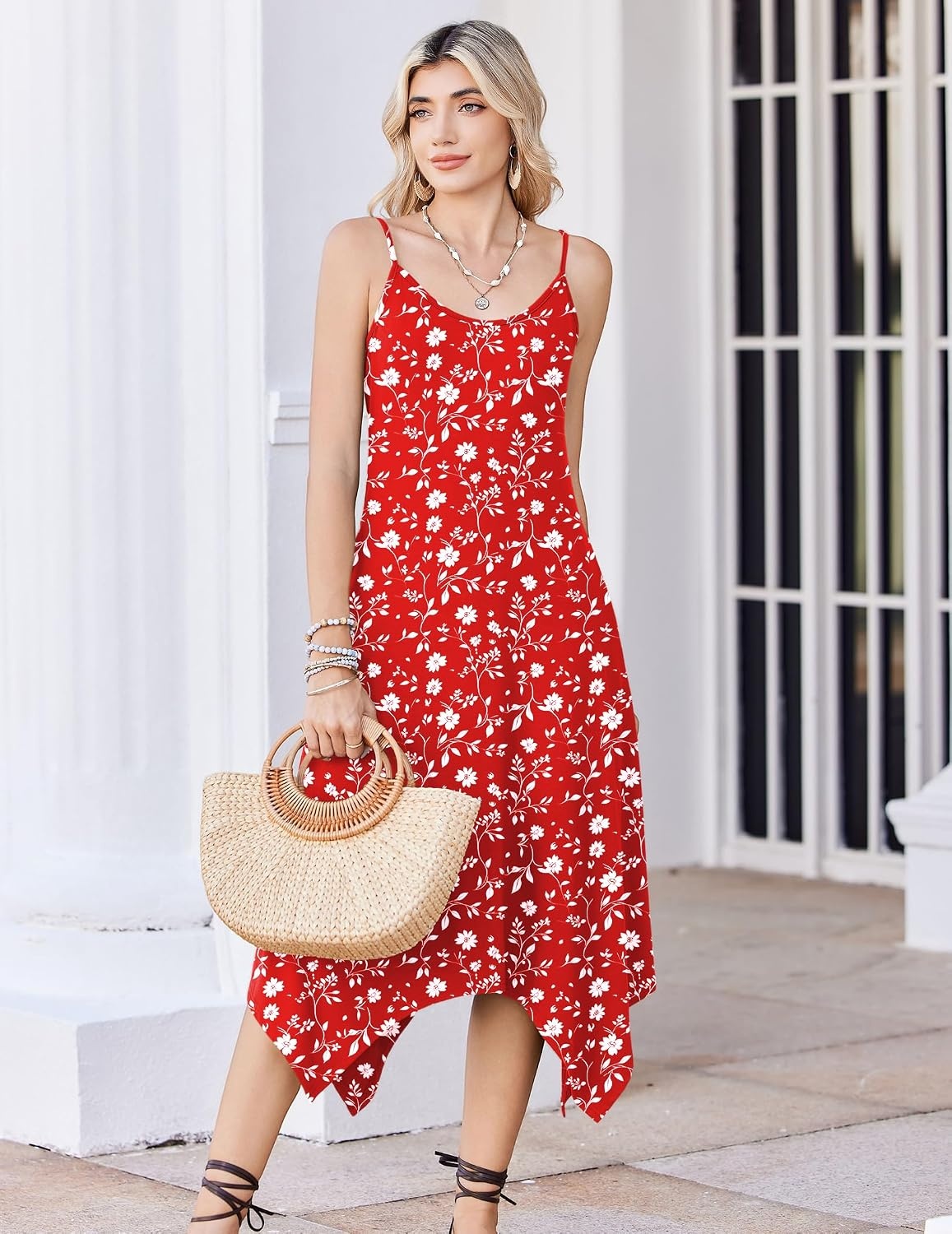 image:imageZeagoo Women Summer Midi Dresses 2026 Hawaiian Bohemian Beach Cover Up Sundress Spaghetti Strap Casual Dress with PocketsRed White Flowers