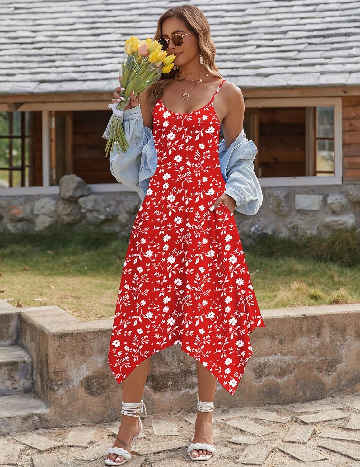 image:imageZeagoo Women Summer Midi Dresses 2026 Hawaiian Bohemian Beach Cover Up Sundress Spaghetti Strap Casual Dress with PocketsRed White Flowers