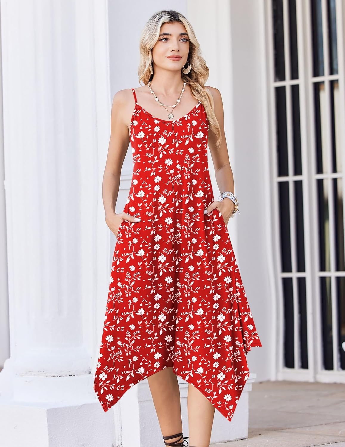 image:imageZeagoo Women Summer Midi Dresses 2026 Hawaiian Bohemian Beach Cover Up Sundress Spaghetti Strap Casual Dress with PocketsRed White Flowers