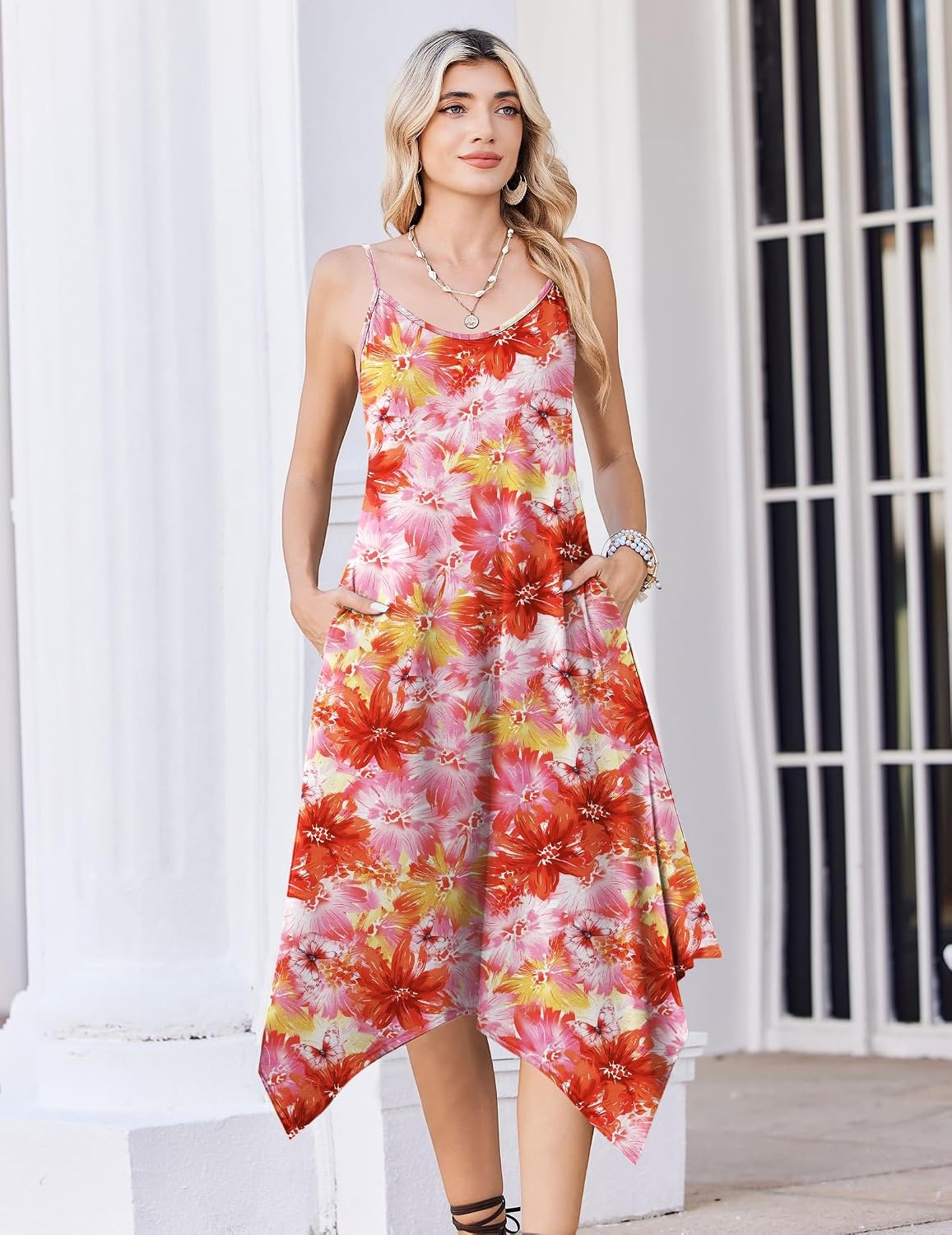 image:imageZeagoo Women Summer Midi Dresses 2026 Hawaiian Bohemian Beach Cover Up Sundress Spaghetti Strap Casual Dress with PocketsRed Yellow