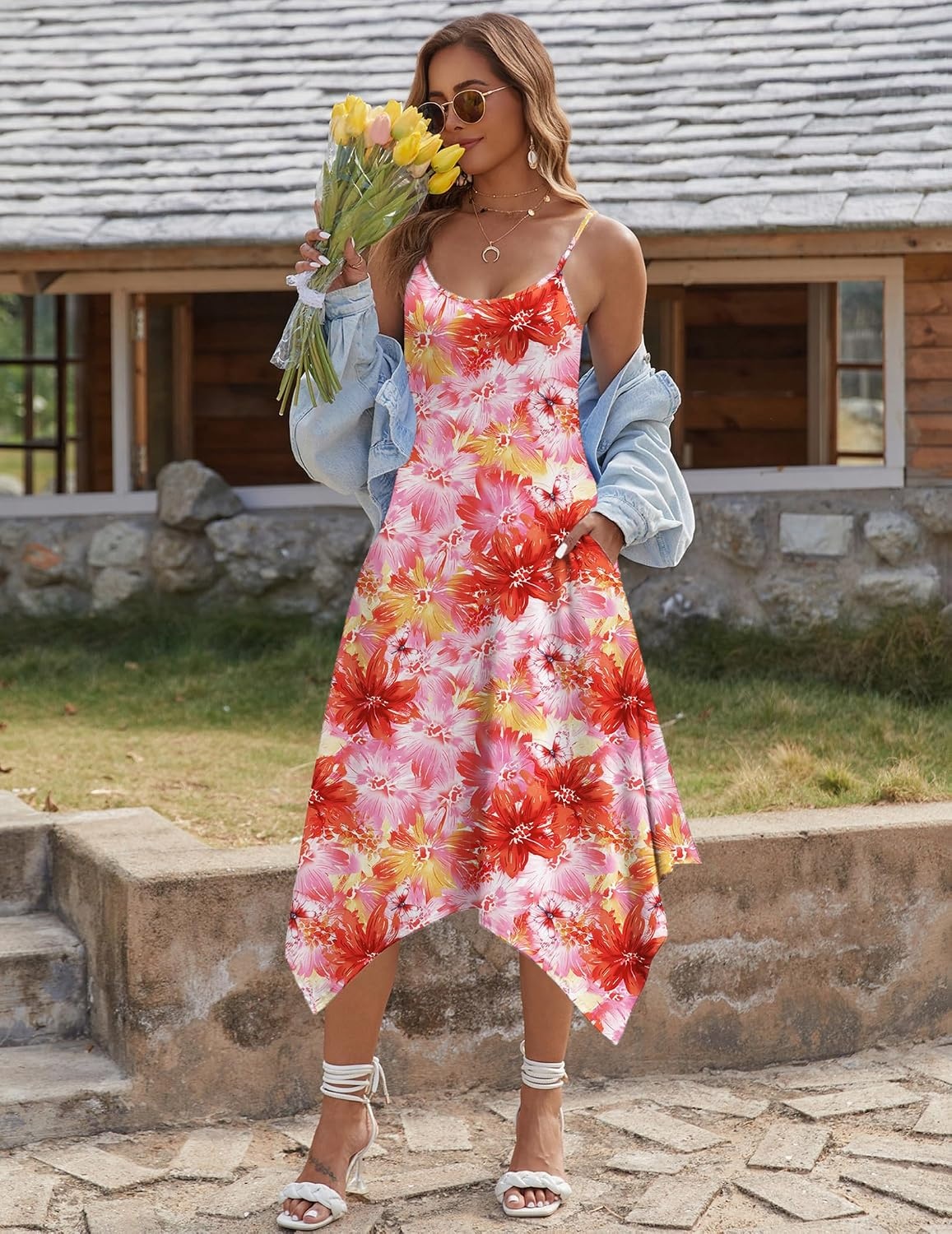image:imageZeagoo Women Summer Midi Dresses 2026 Hawaiian Bohemian Beach Cover Up Sundress Spaghetti Strap Casual Dress with PocketsRed Yellow