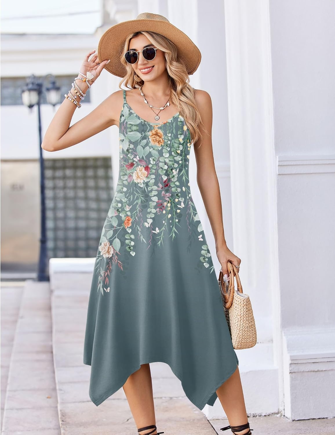 image:imageZeagoo Women Summer Midi Dresses 2026 Hawaiian Bohemian Beach Cover Up Sundress Spaghetti Strap Casual Dress with PocketsWatercolor