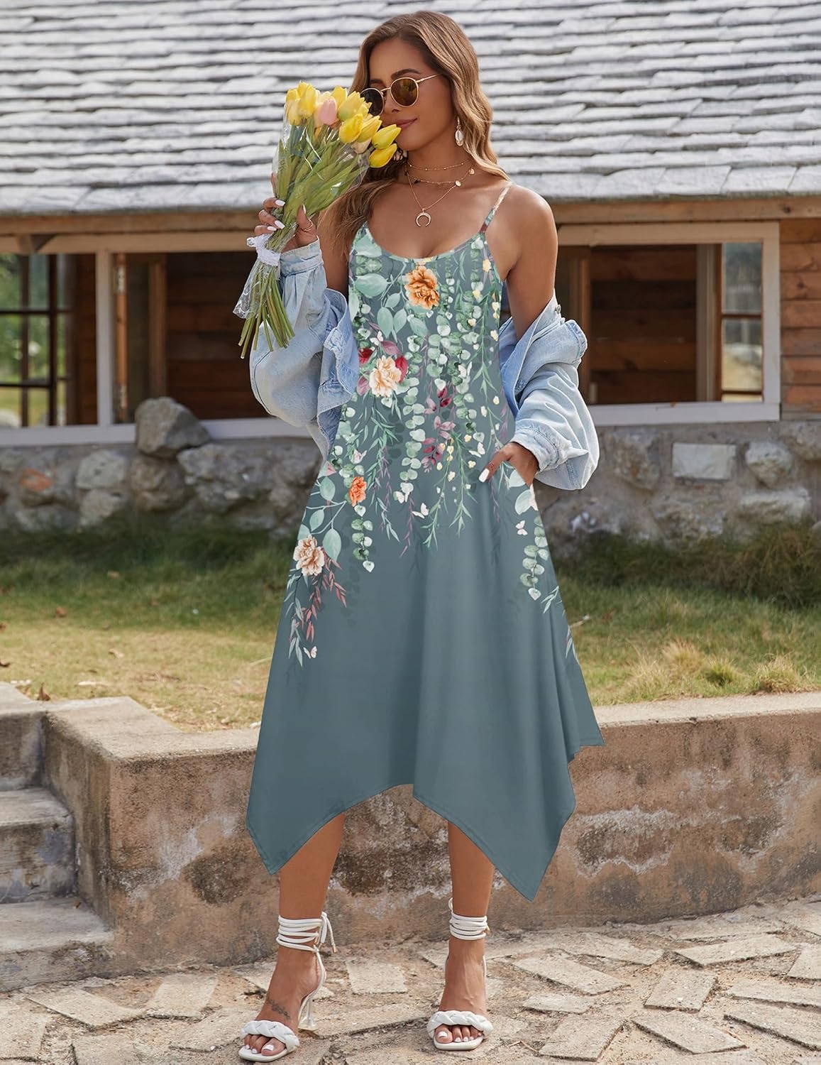 image:imageZeagoo Women Summer Midi Dresses 2026 Hawaiian Bohemian Beach Cover Up Sundress Spaghetti Strap Casual Dress with PocketsWatercolor
